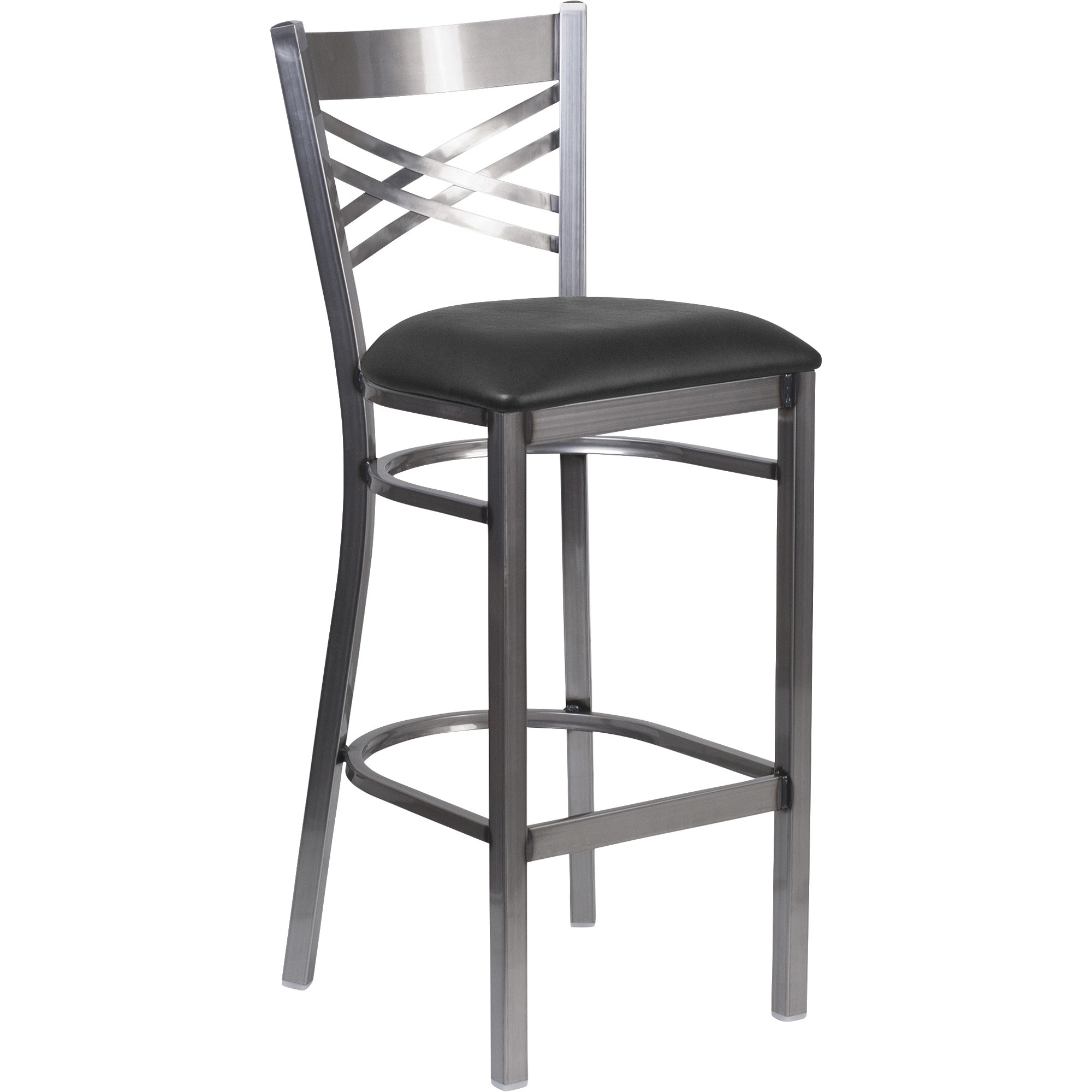 Flash Furniture Metal Stool with X-Back/Padded Seat, Clear Coated Frame/Black Seat, 500-lb. Capacity, 17in.W x 18in.D x 42 1/4in.H, Model# XU6F8BCLRBARBLK